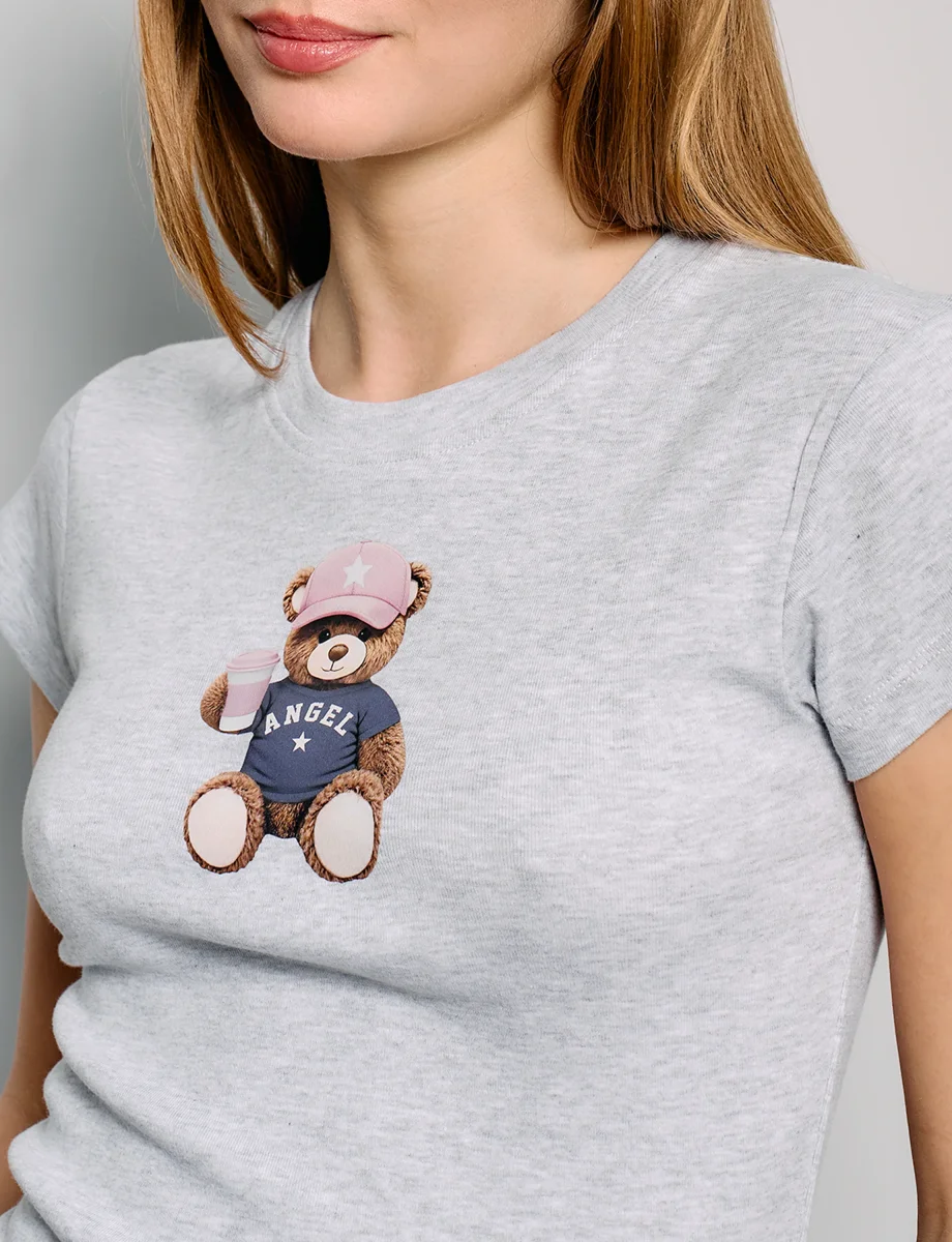 T-shirt grigia con stampa orsetto - immagine 3